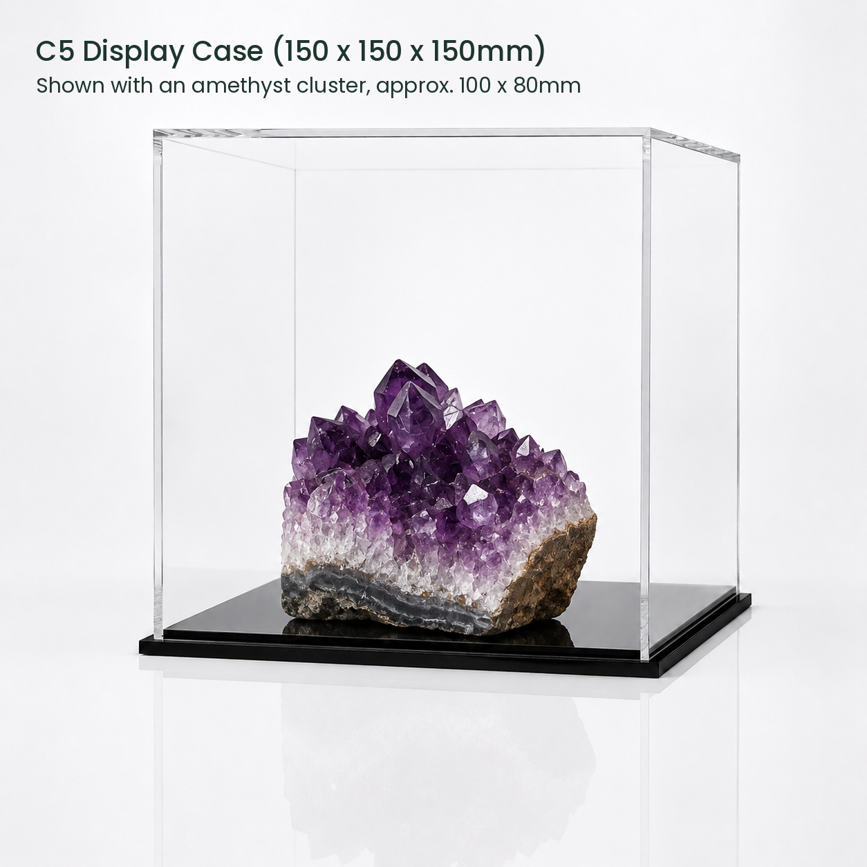 C5 display case, 150mm cube, shown with an amethyst cluster approx 100 x 80mm