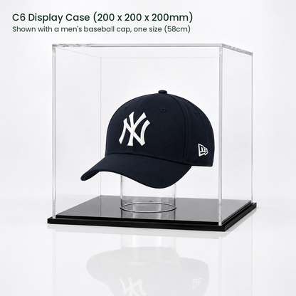 C6 display case, 200mm cube, shown with a men's baseball cap