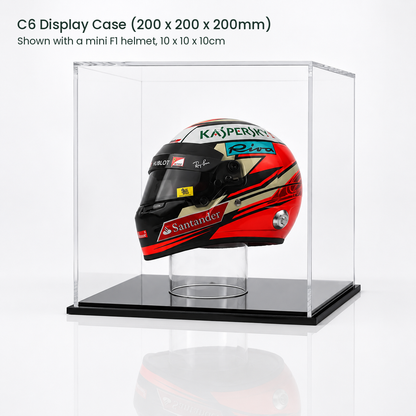 C6 display case, 200mm cube, shown with a 10cm mini F1 helmet