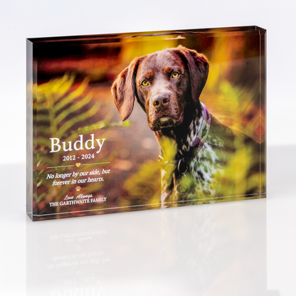 Personalised dog tribute photo block, horizontal Illustrated design with pet name, dates and message