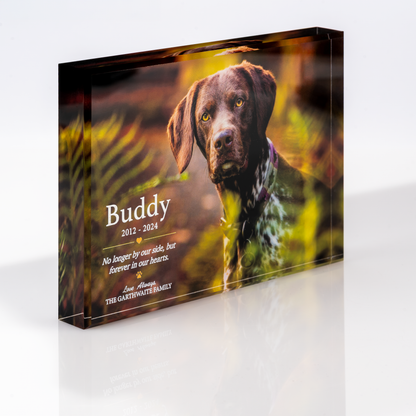 Personalised dog tribute photo block in 20mm acrylic, horizontal, angled view showing the block's depth