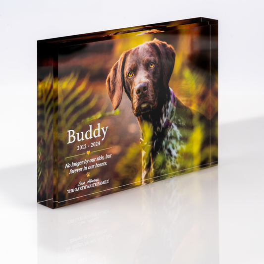 Personalised dog tribute photo block in 20mm acrylic, horizontal, angled view showing the block's depth