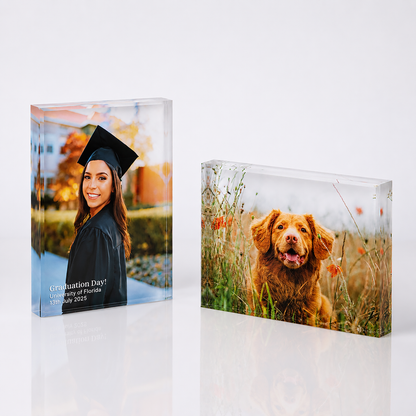 The Photo Memory Block in both designs, Personalised Text and Crystal Clear