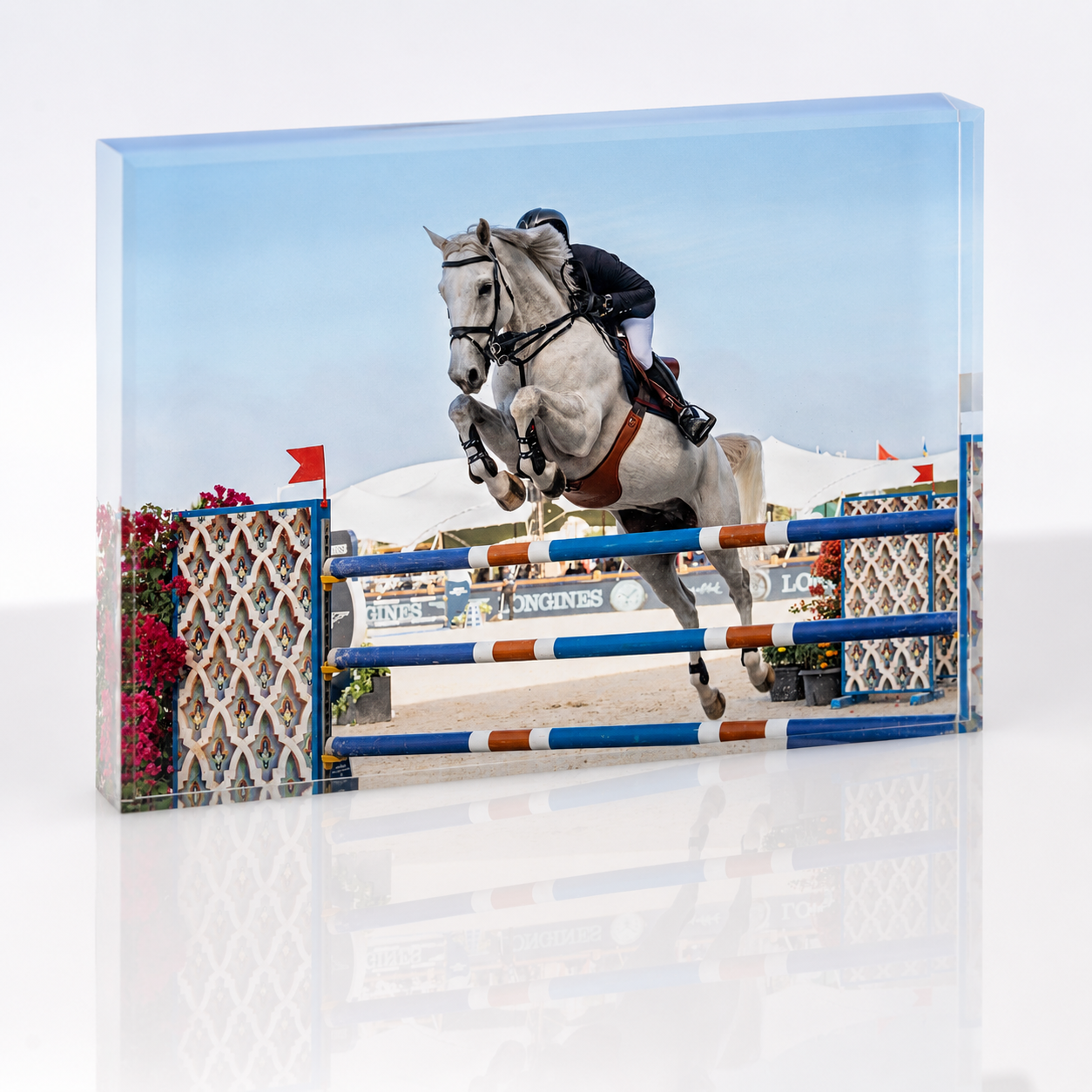Crystal Clear horse riding tribute photo block, horizontal, showjumping photo in 20mm acrylic