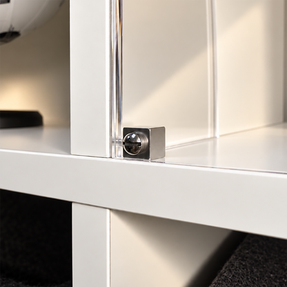 Close-up of the stainless steel cube connector and screw that fix the acrylic front panel to the side panel