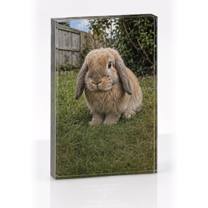 Crystal Clear rabbit tribute photo block, vertical, photo only with an engraved message on the back