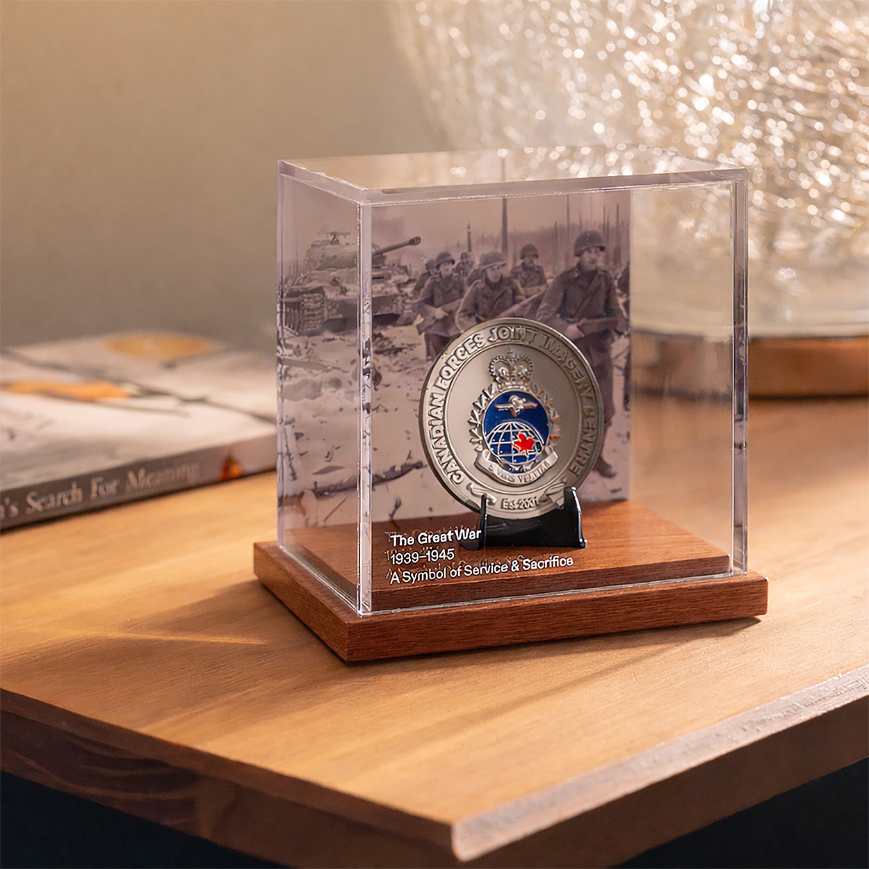 Decorative coin display case on a wooden base