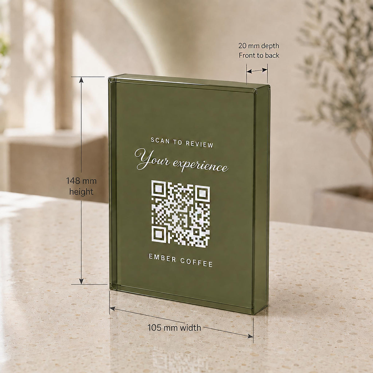 Size diagram of an olive green QR code sign standing on a counter: 148mm high and 105mm wide.