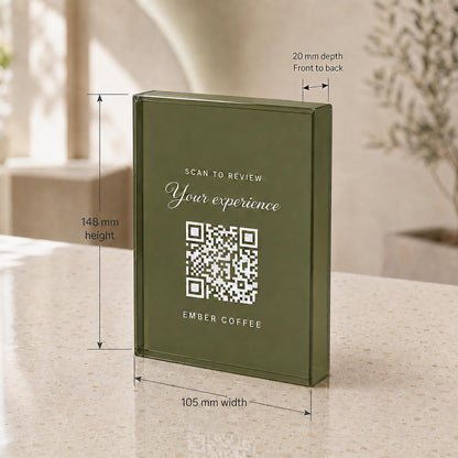 Size diagram of an olive green QR code sign standing on a counter: 148mm high and 105mm wide.