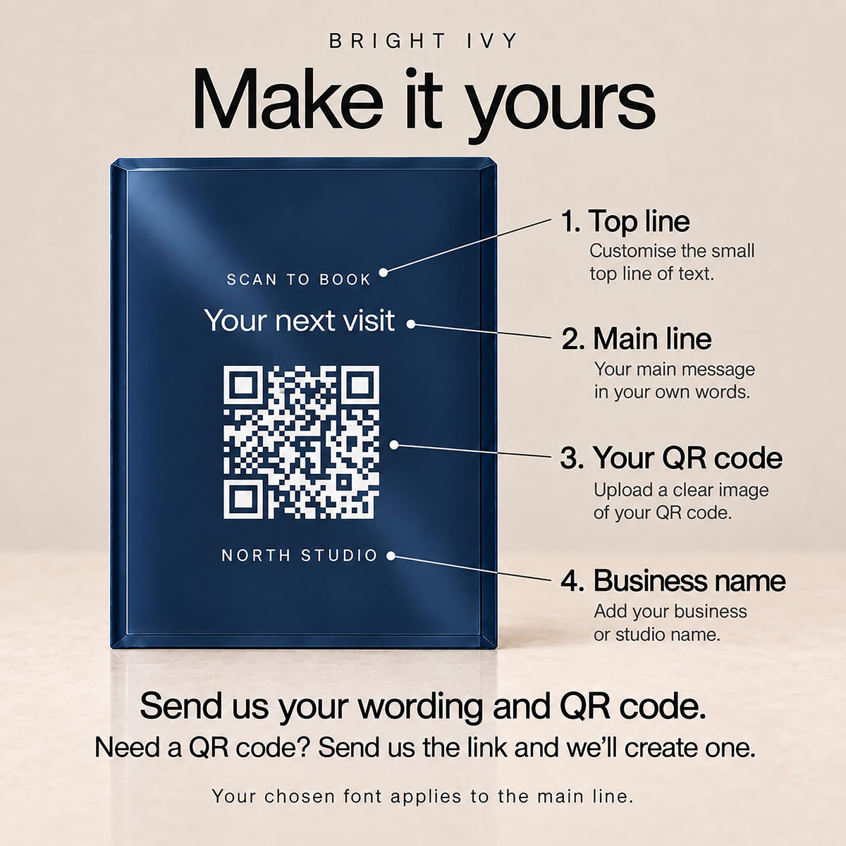 Diagram of a navy QR code sign showing the four parts you personalise: a small top line, the main line, your QR code and your business name.