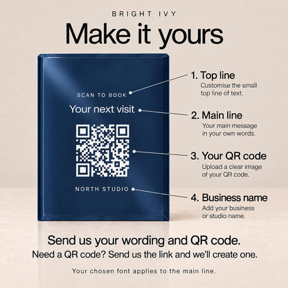 Diagram of a navy QR code sign showing the four parts you personalise: a small top line, the main line, your QR code and your business name.