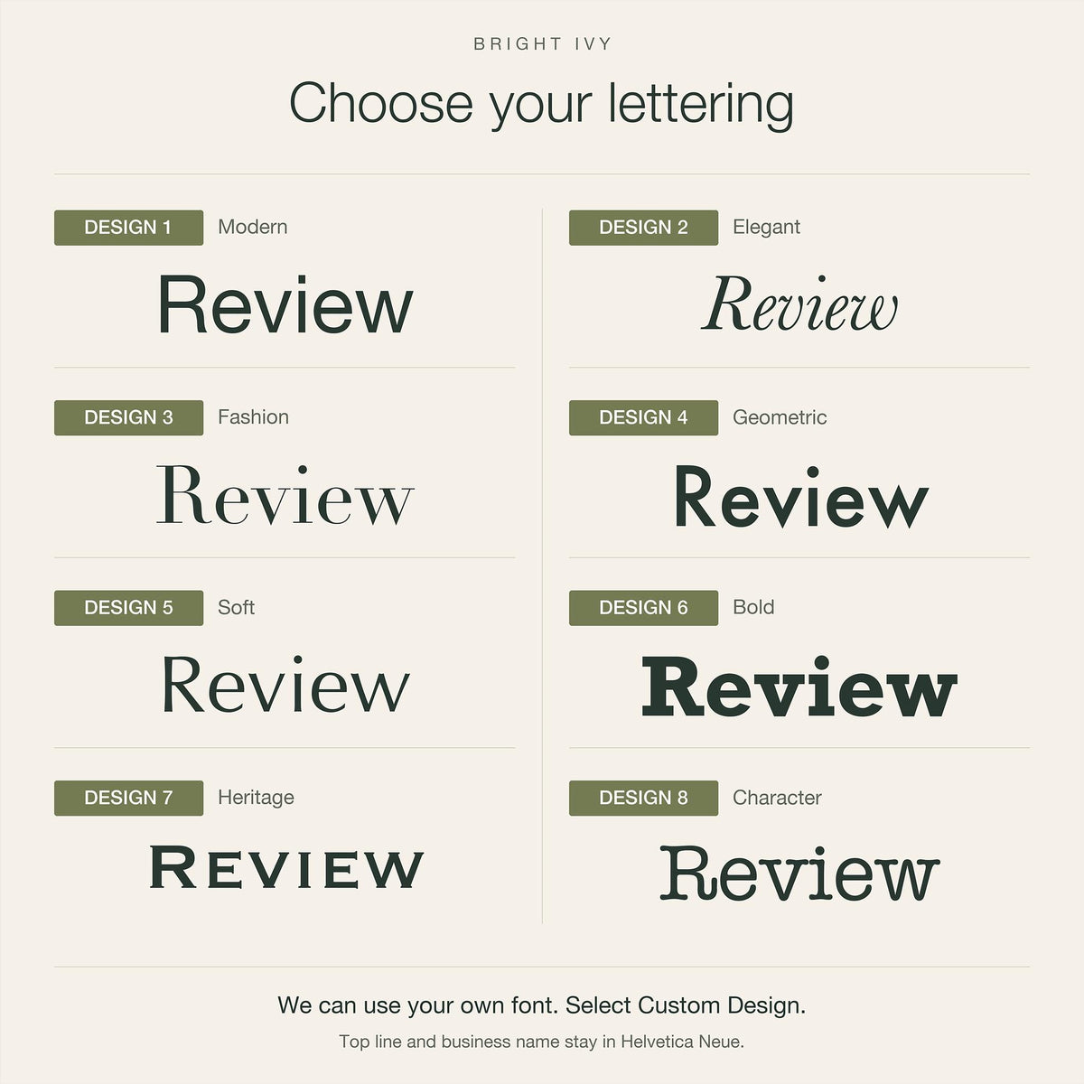 Lettering chart showing eight font designs for the main line of the sign, from Modern and Elegant to Heritage and Character, each spelling Review.