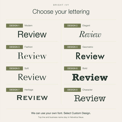 Lettering chart showing eight font designs for the main line of the sign, from Modern and Elegant to Heritage and Character, each spelling Review.