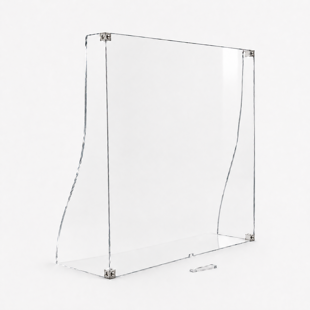 Assembled clear acrylic display window on a white background, showing the front panel, shaped side panels and stainless steel corner fittings