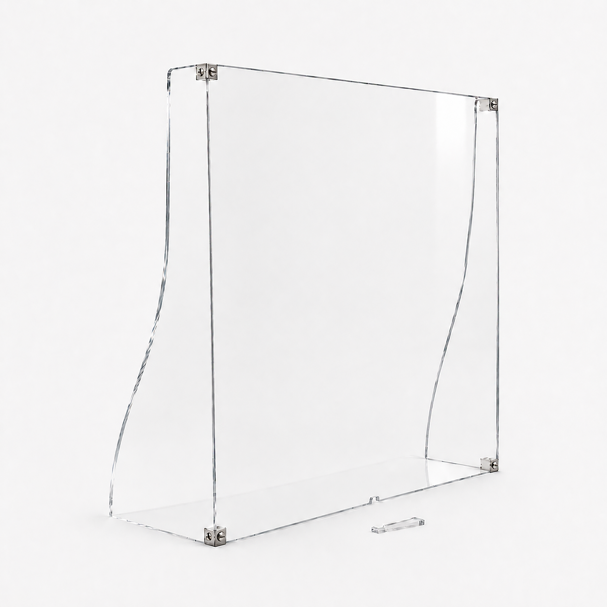 Assembled clear acrylic display window on a white background, showing the front panel, shaped side panels and stainless steel corner fittings