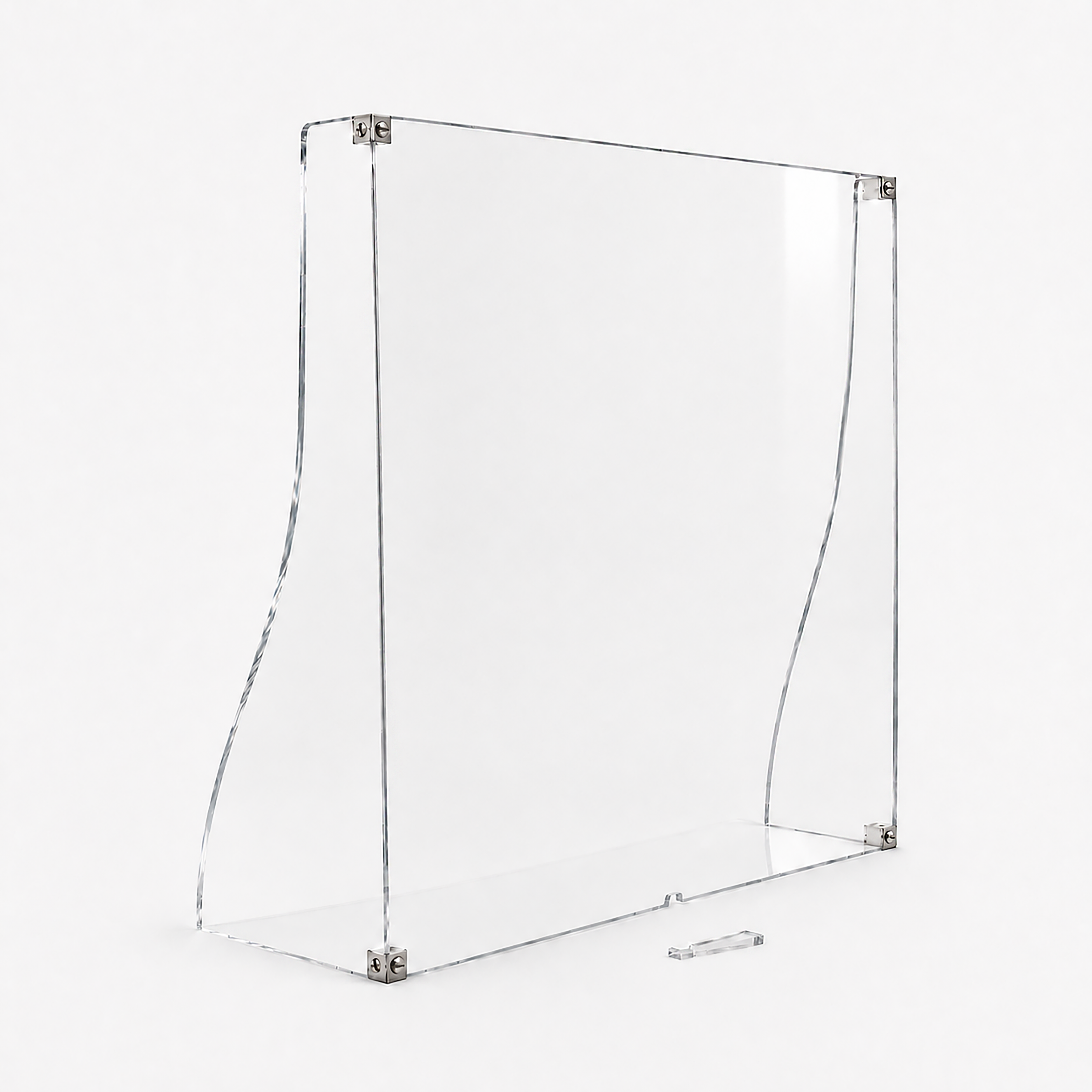 Assembled clear acrylic display window on a white background, showing the front panel, shaped side panels and stainless steel corner fittings