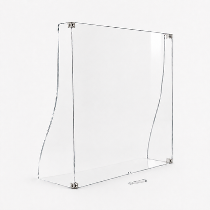 Assembled clear acrylic display window on a white background, showing the front panel, shaped side panels and stainless steel corner fittings