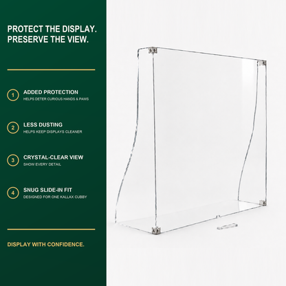 Assembled three-panel acrylic window with the four benefits: added protection, less dusting, crystal clear view, snug slide-in fit