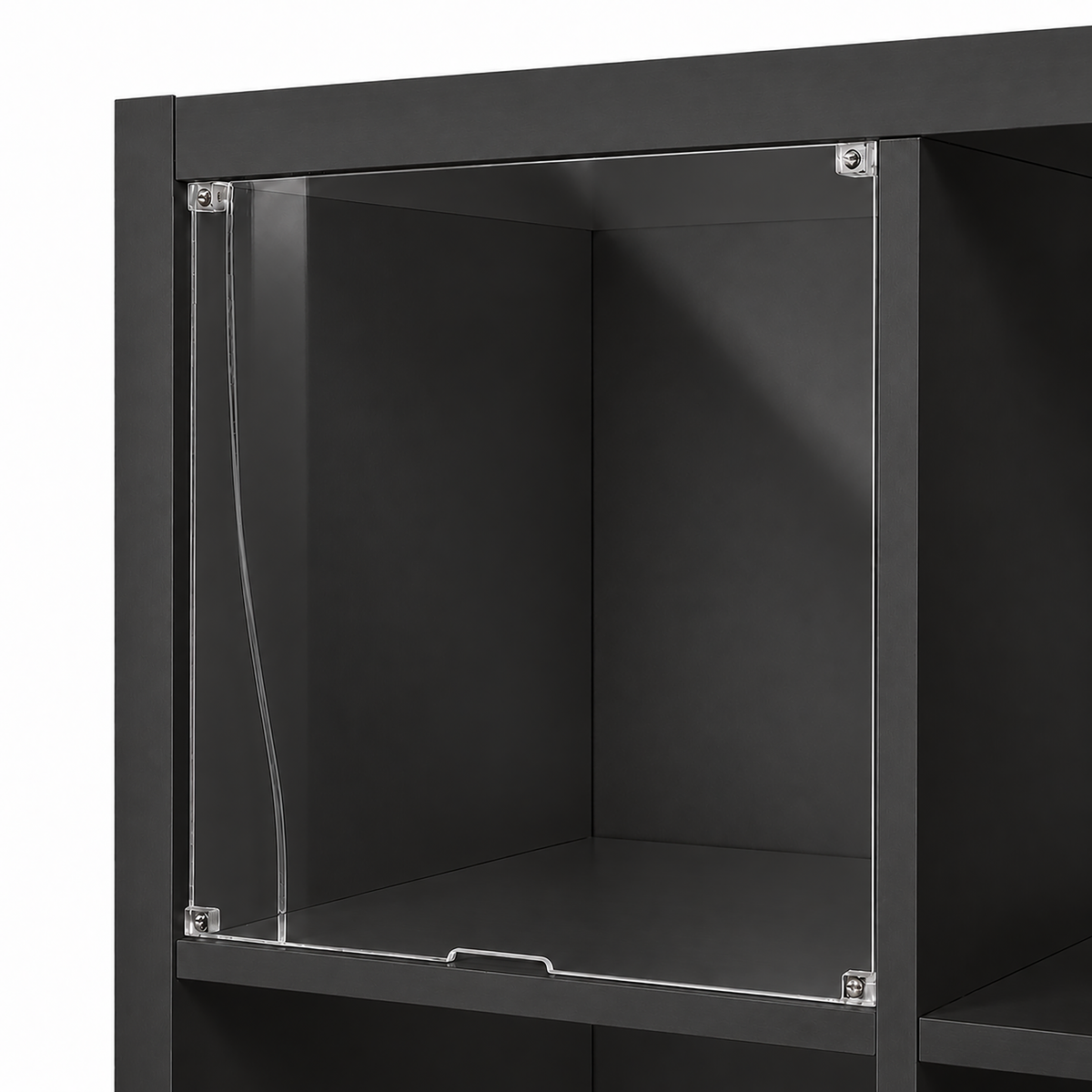 Empty display window insert fitted in a dark IKEA KALLAX cubby, showing the corner fittings and pull tab