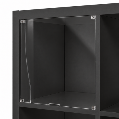 Empty display window insert fitted in a dark IKEA KALLAX cubby, showing the corner fittings and pull tab
