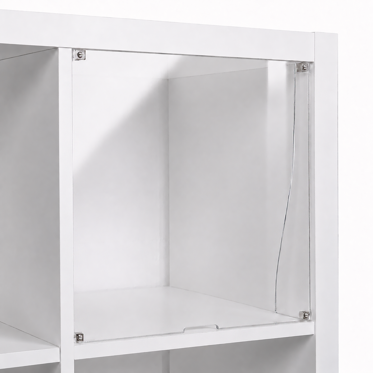 Empty display window insert fitted in a white IKEA KALLAX cubby, angled view