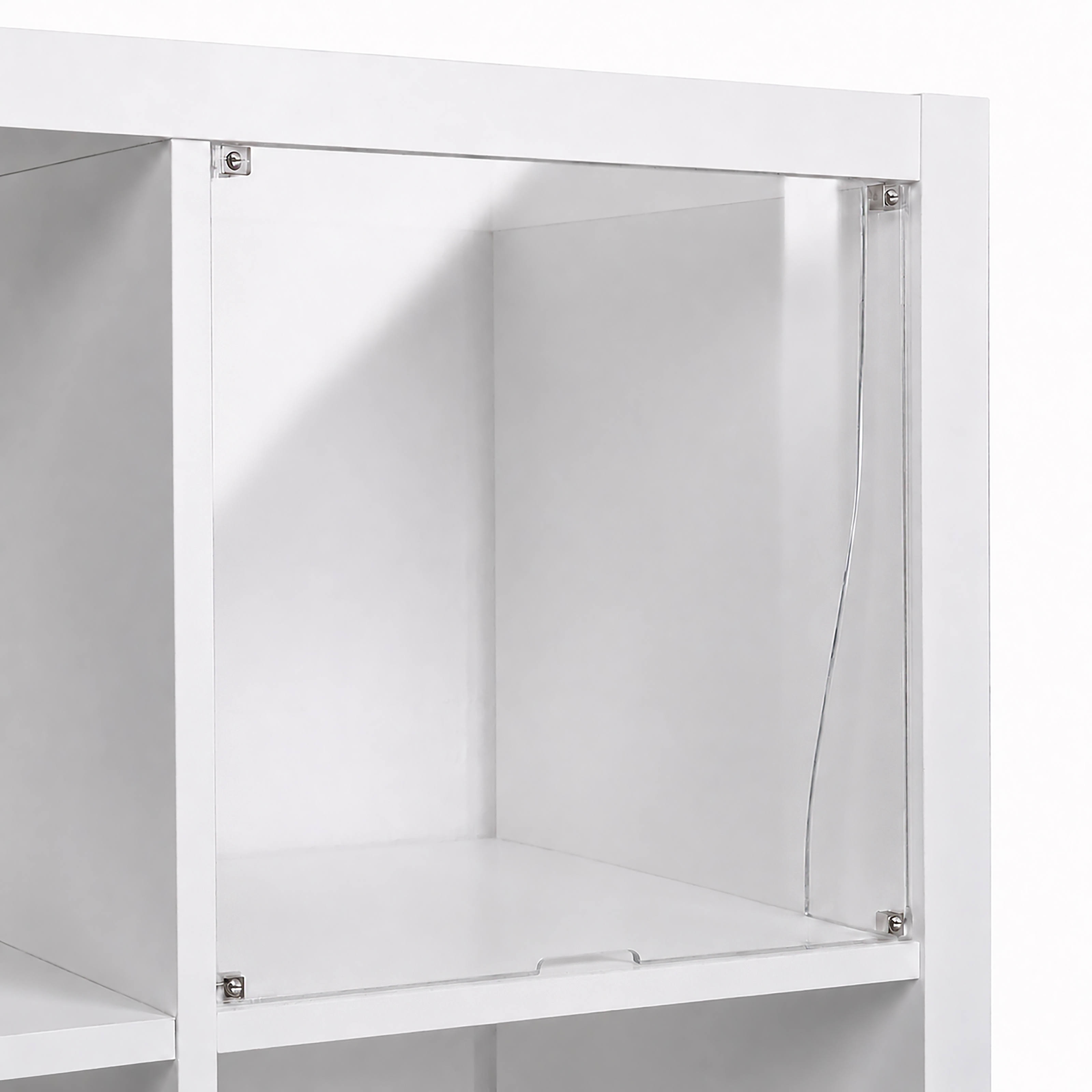 Empty display window insert fitted in a white IKEA KALLAX cubby, angled view