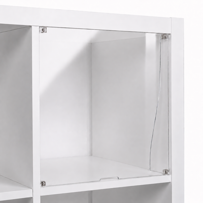 Empty display window insert fitted in a white IKEA KALLAX cubby, angled view
