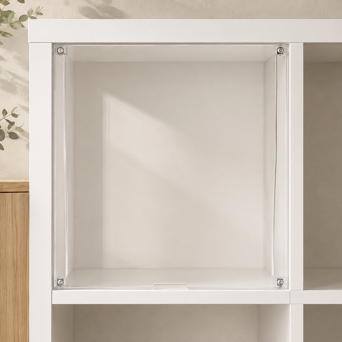 Empty display window insert fitted in a white IKEA KALLAX cubby, front view