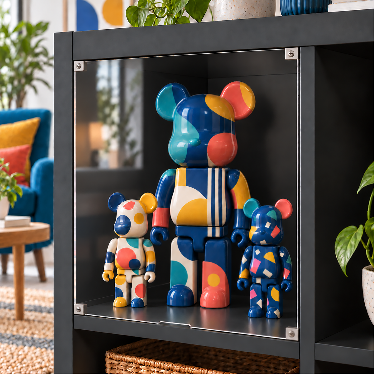 Display window insert in a dark IKEA KALLAX cubby with three collectable figures on display