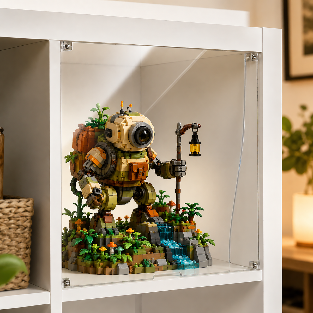 Clear acrylic display window insert fitted in a white IKEA KALLAX cubby, showing a model build inside